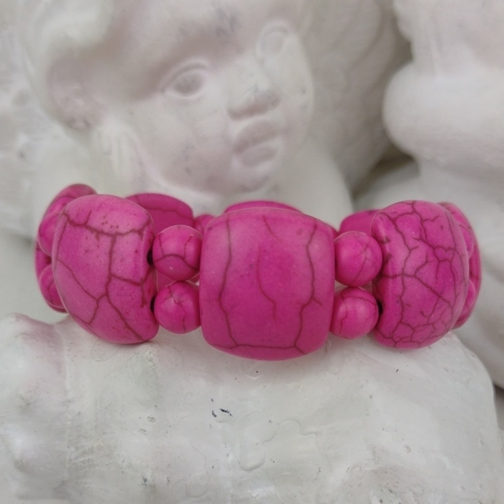🌻 3 For $15 Hot Pink Faux Crackle Stone Cool Solid Stretch Bead Bracelet